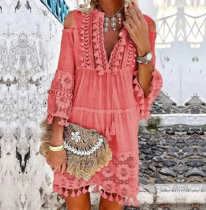 Spring Boho Off-Shoulder Mini Dress – Embroidered Lace & Tassel Detail