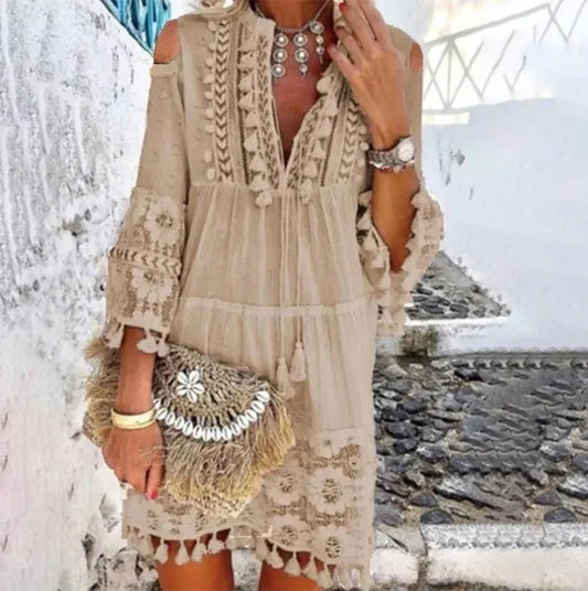 Spring Boho Off-Shoulder Mini Dress – Embroidered Lace & Tassel Detail