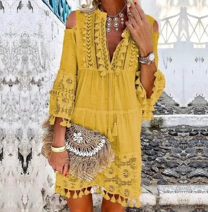 Spring Boho Off-Shoulder Mini Dress – Embroidered Lace & Tassel Detail