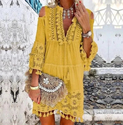 Spring Boho Off-Shoulder Mini Dress – Embroidered Lace & Tassel Detail