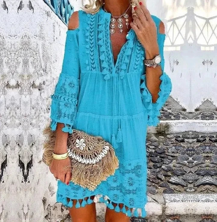Spring Boho Off-Shoulder Mini Dress – Embroidered Lace & Tassel Detail