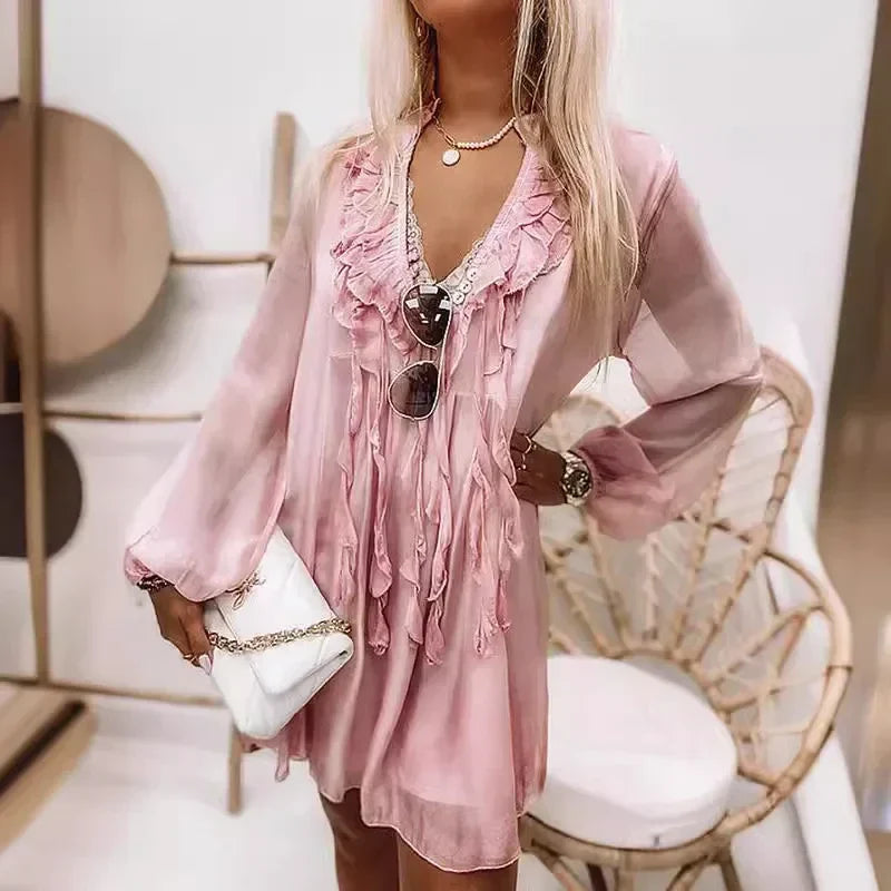 2025 Spring Chiffon V-Neck Dress – Elegant Lace-Up Long Sleeve Style
