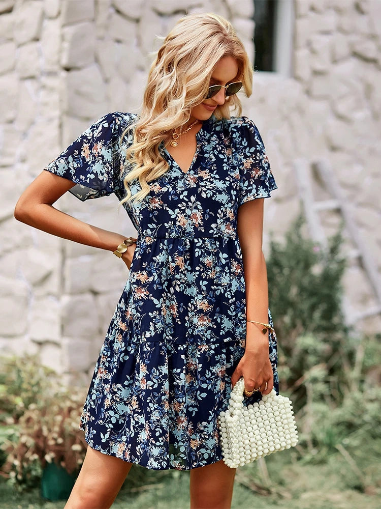 Spring Summer Fashion Women V Neck Short Sleeve Loose Chic Floral Printed Dress