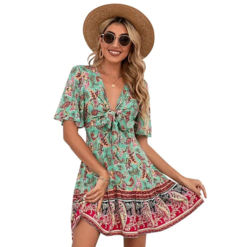Boho Floral V-Neck Mini Dress – Lace-Up Waist & Flounce Sleeves