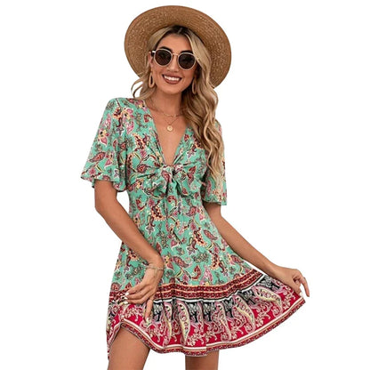 Boho Floral V-Neck Mini Dress – Lace-Up Waist & Flounce Sleeves