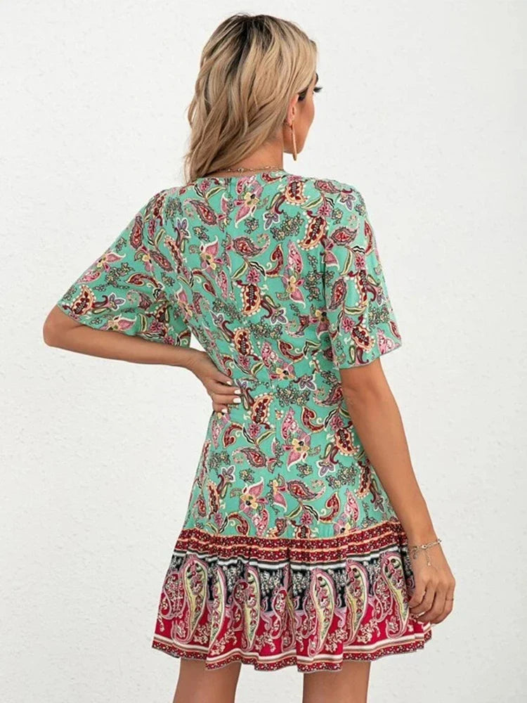 Boho Floral V-Neck Mini Dress – Lace-Up Waist & Flounce Sleeves