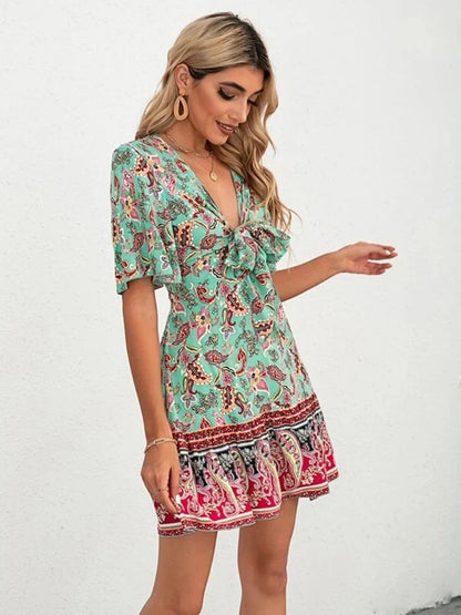 Boho Floral V-Neck Mini Dress – Lace-Up Waist & Flounce Sleeves