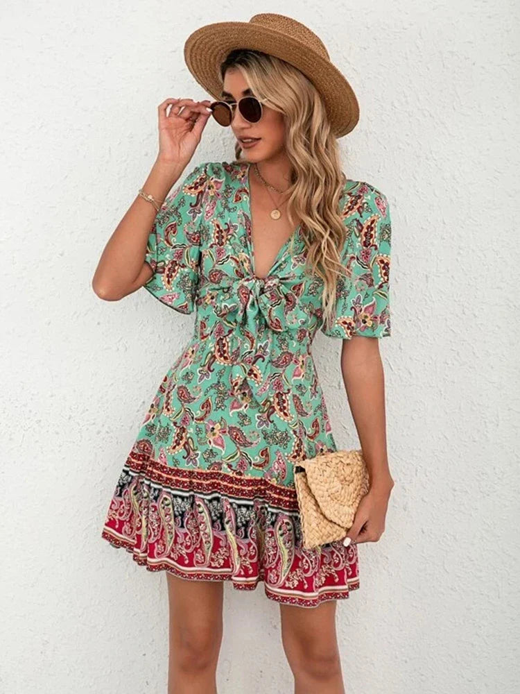 Boho Floral V-Neck Mini Dress – Lace-Up Waist & Flounce Sleeves