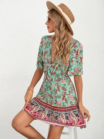 Boho Floral V-Neck Mini Dress – Lace-Up Waist & Flounce Sleeves