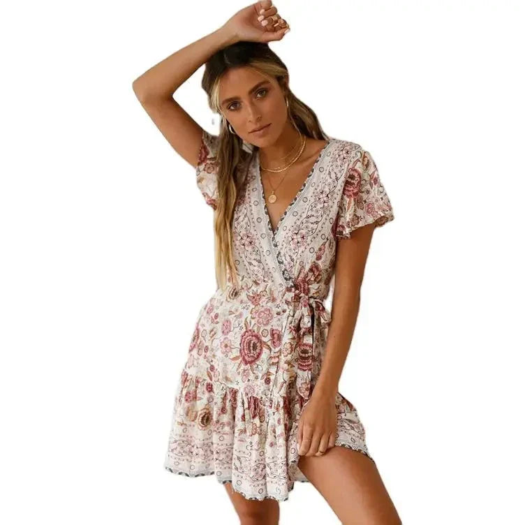 Summer Boho Floral Wrap Mini Dress – Casual Beach Holiday Wear