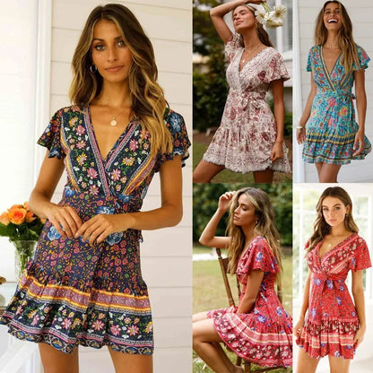 Summer Boho Floral Wrap Mini Dress – Casual Beach Holiday Wear