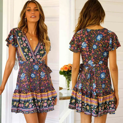 Summer Boho Floral Wrap Mini Dress – Casual Beach Holiday Wear