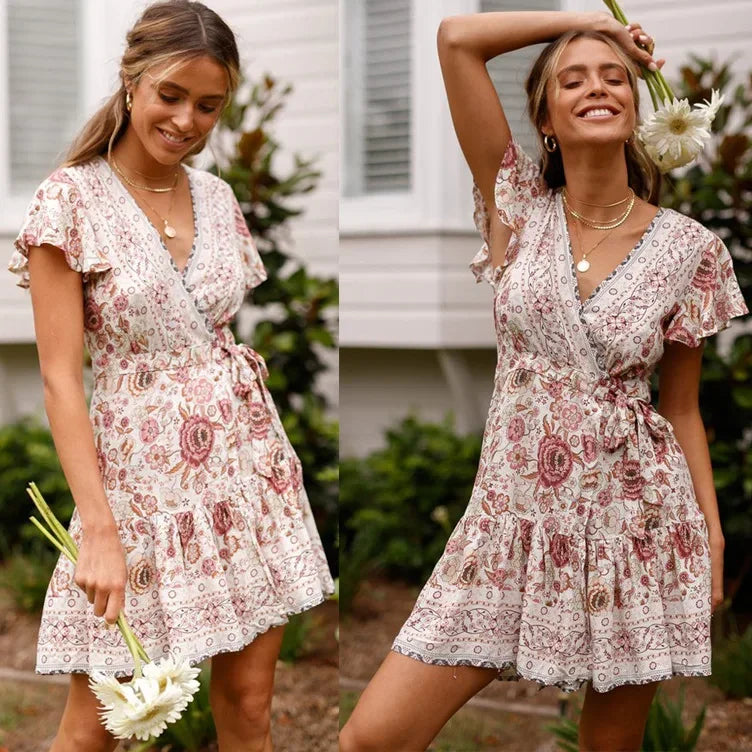 Summer Boho Floral Wrap Mini Dress – Casual Beach Holiday Wear