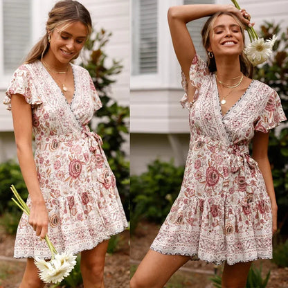 Summer Boho Floral Wrap Mini Dress – Casual Beach Holiday Wear