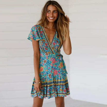 Summer Boho Floral Wrap Mini Dress – Casual Beach Holiday Wear